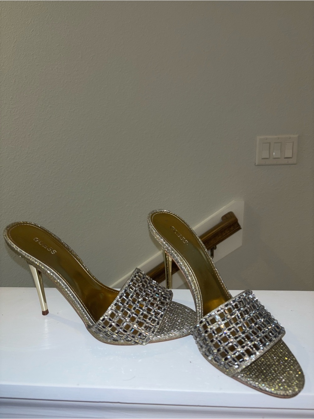 Guess Gold and Silver Crystal-Embellished Heeled Mules